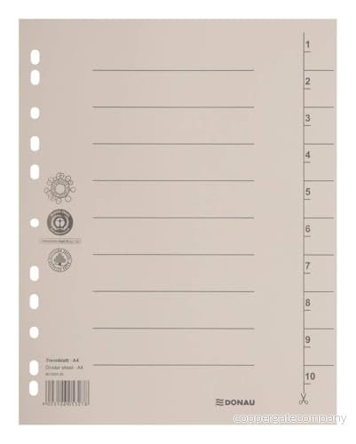 DONAU 8610001 25, 100 pack skiljeblad, färg: ljusbrun/kartongregister, överdimensionerat, tillverkad av återvunnen kartong, 250 g/kvm med linjemönster för DIN A4, 4 fack, perforering, skiljeflikar, 9003106053360