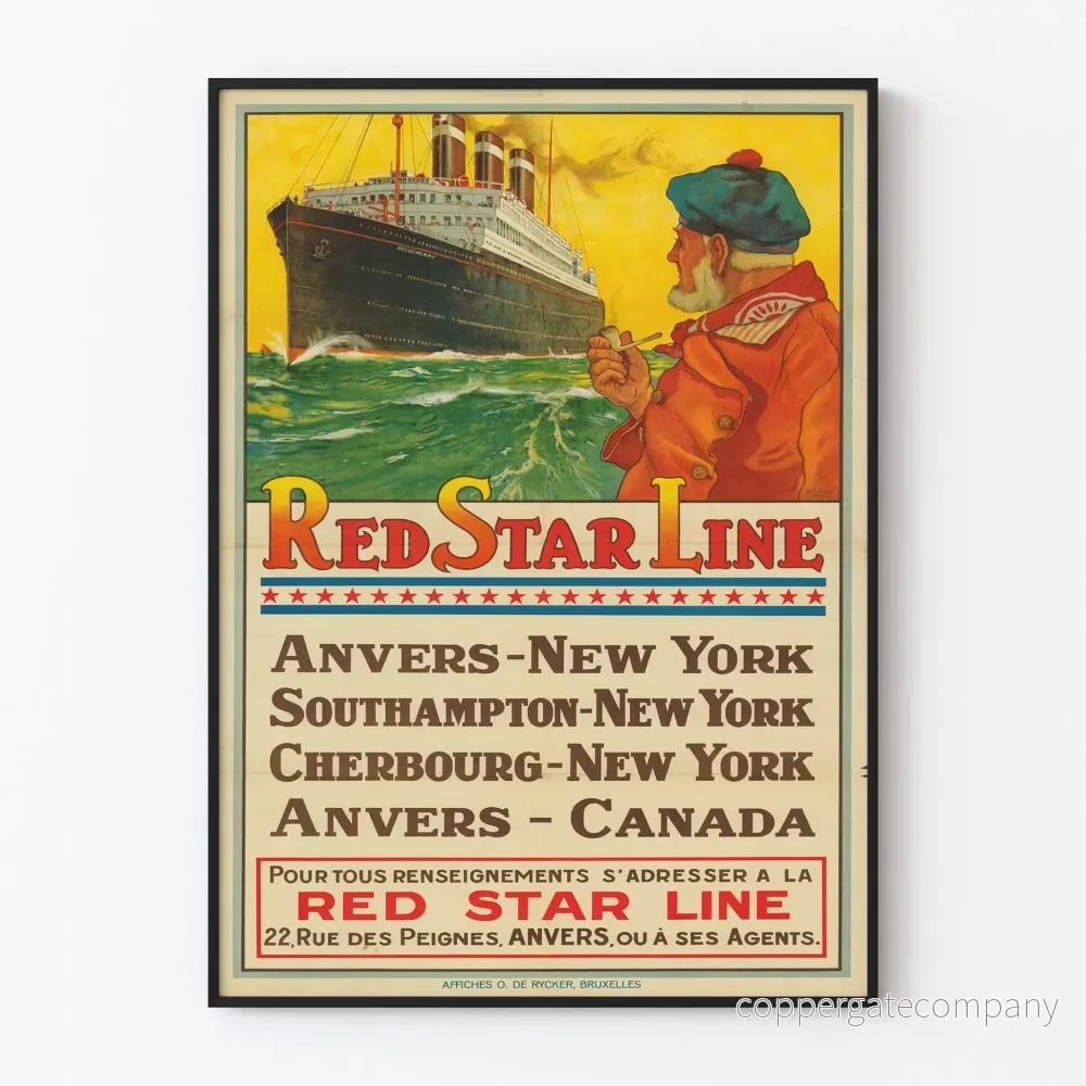 Vintageposter Red Star Line - Kryssningar mellan Antwerpen, Southampton och Cherbourg till New York
