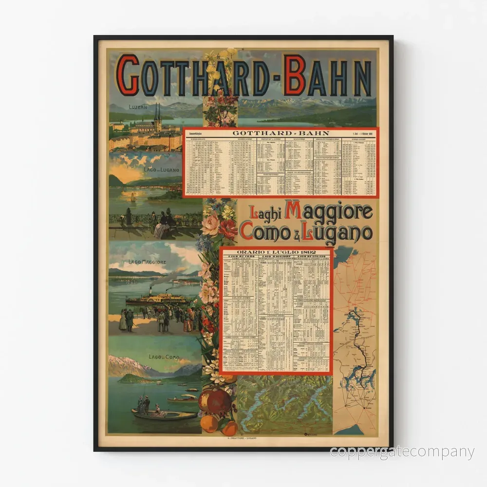 Vintageposter av Gotthardbahn och sjöarna Maggiore, Como och Lugano