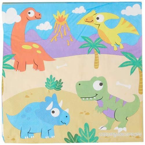 Baker Ross FC980 Dinosaurie festservetter förpackning med 20 servetter, pappersservetter, barns födelsedagsservis, 33 cm x 5051174134638
