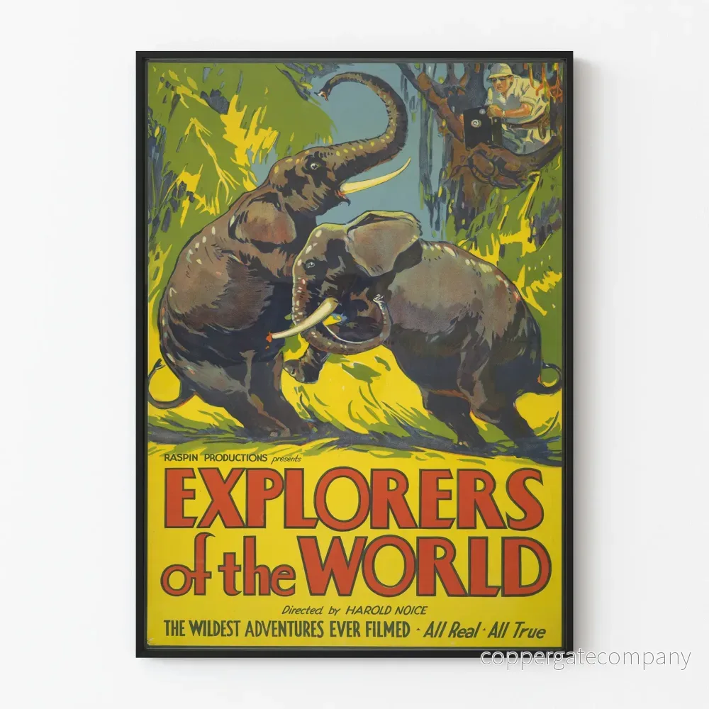 Vintageposter Explorers of the World med elefanter i den vilda naturen