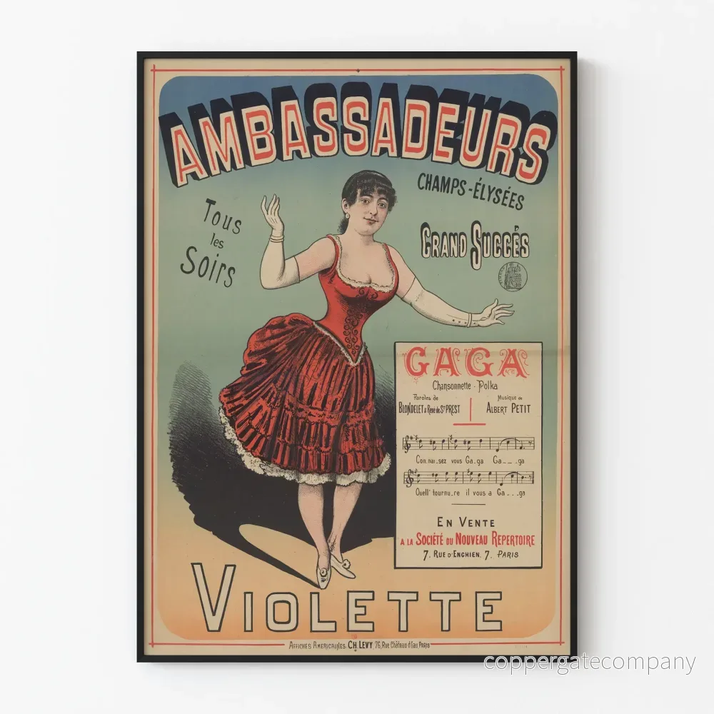 Vintageposter Ambassadeurs Champs-Élysées Violette i röd klänning