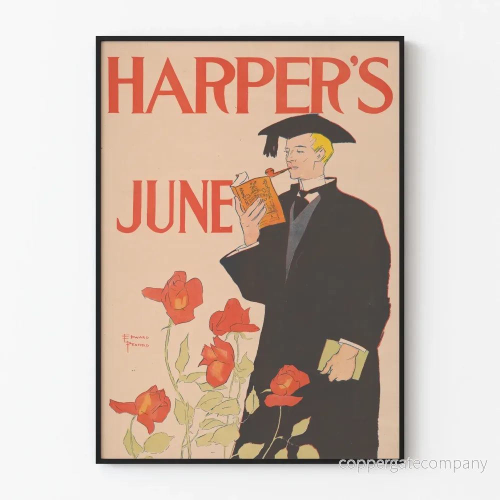 Vintageposter Harper's juni med student i toga och pipa