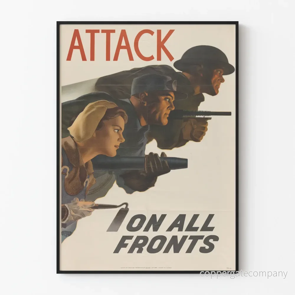 Vintage poster för dekorativt bruk "Attack on All Fronts"