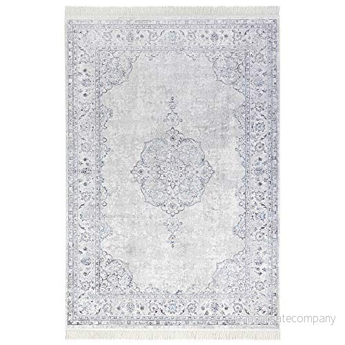 Nouristan orientalisk sammetsmatta med fransar vintage medaljong NAVEH (95 x 140 cm, 60% viskos, 40% bomull, lämplig för golvvärme), pastellblå 4260659064242