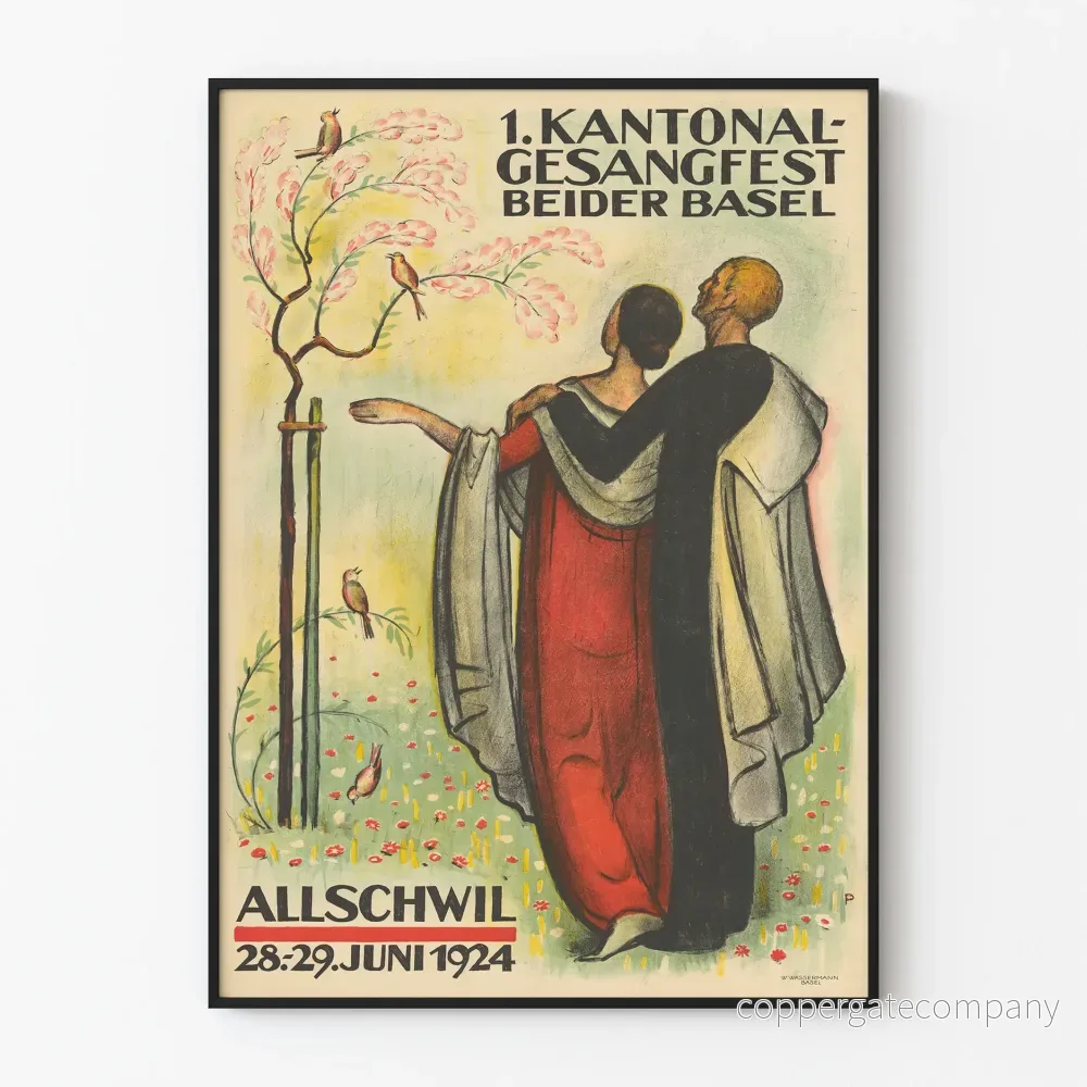 Vintageposter från 1924 för Festivalen av sång, första kantonen Beider Basel Allschwil
