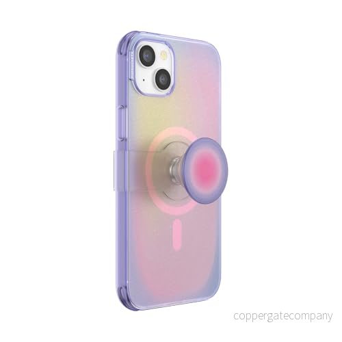 PopSockets iPhone 14 Plus skal med mobiltelefongrepp och glidhållare, kompatibel MagSafe, lämpligt för trådlös laddning, lila färggradient (Aura) 840173725580
