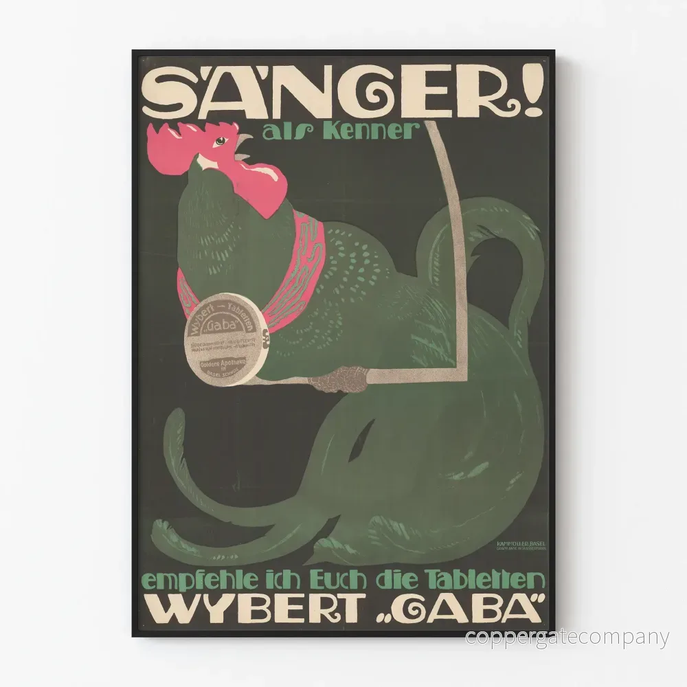 Vintage reklamposter Wybert Gaba med kvittrande tupp