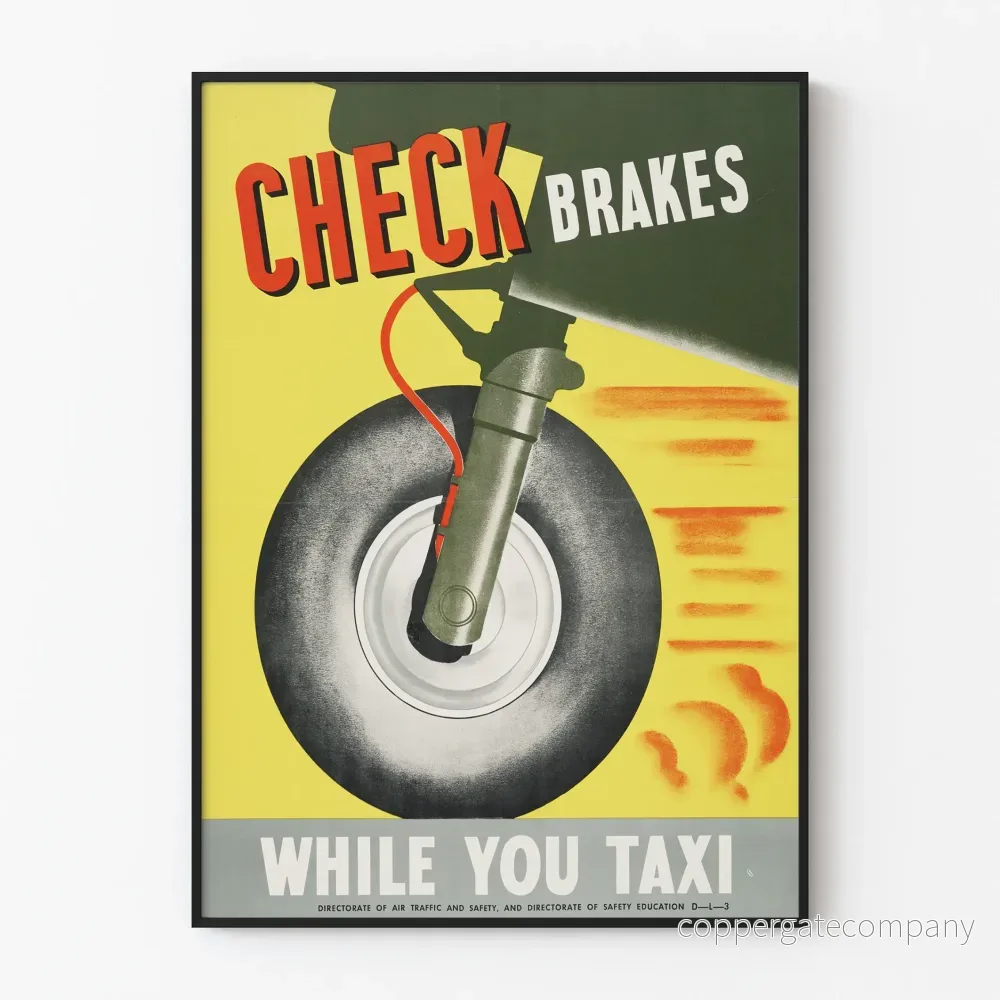 Vintageposter Check Brakes While You Taxi för väggdekoration