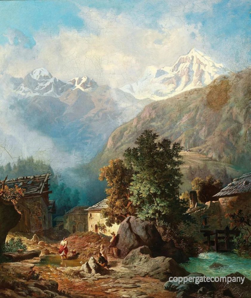 Längd: 60 cm, Höjd: 80 cm, Material: olja på duk, Ursprung: Österrike, År: 1880-talet, Konsttryck av Anton Karinger, Målning av den familjära idyllen i bakgrunden: en utsikt över Ortler från Mals - Bild 2