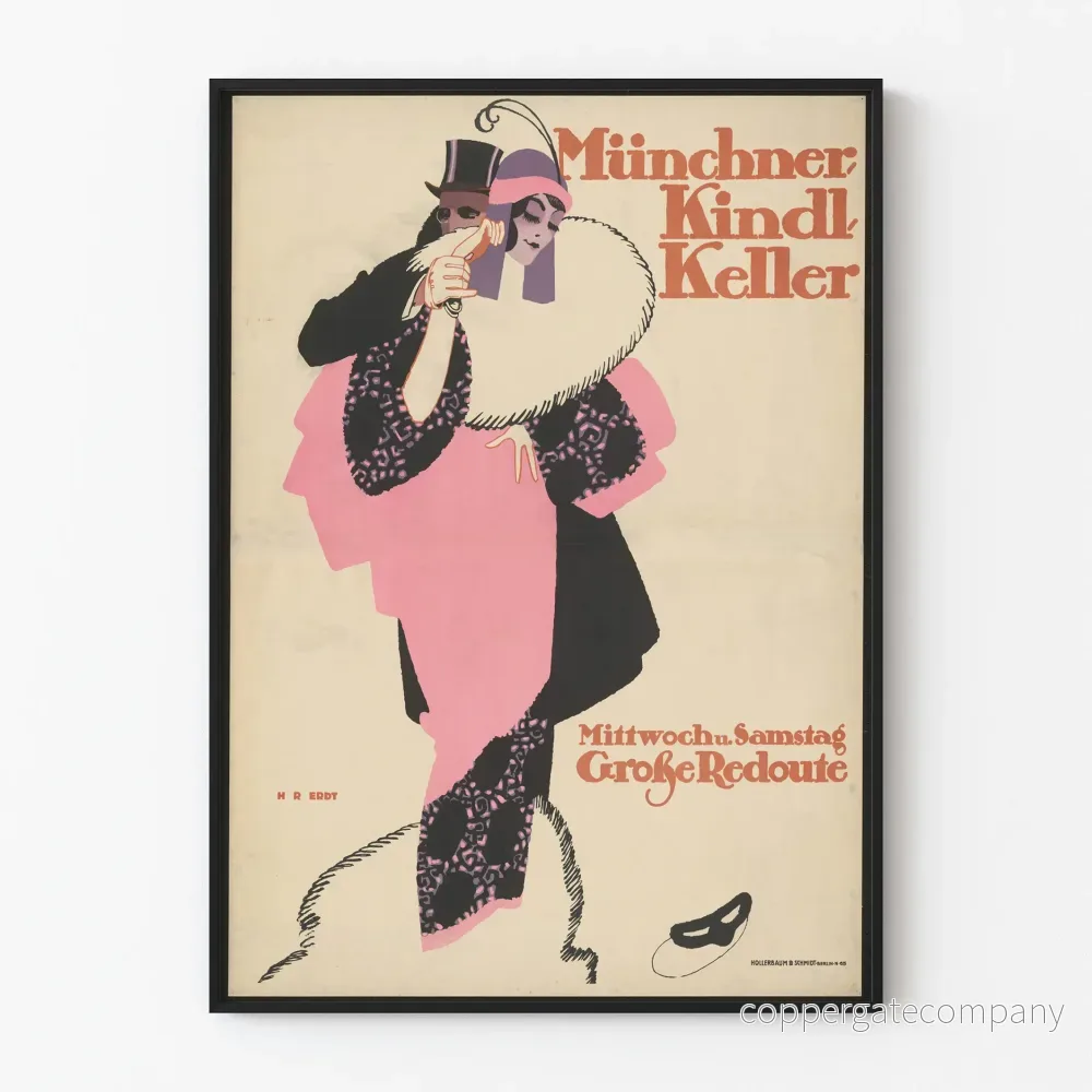 Vintageposter Münchner Kindl Keller i rosa och svart