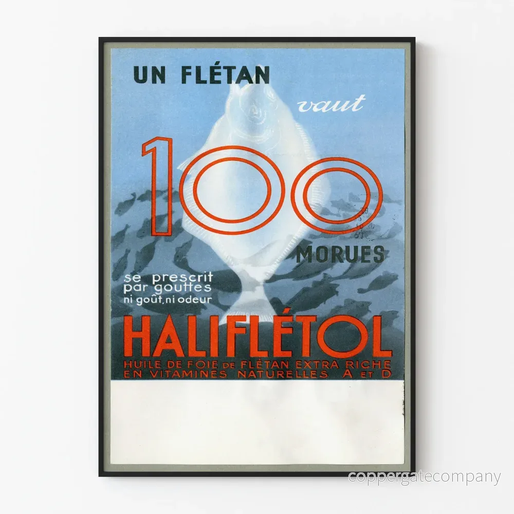 Vintageposter av haliflétoilflundra och torskleverolja