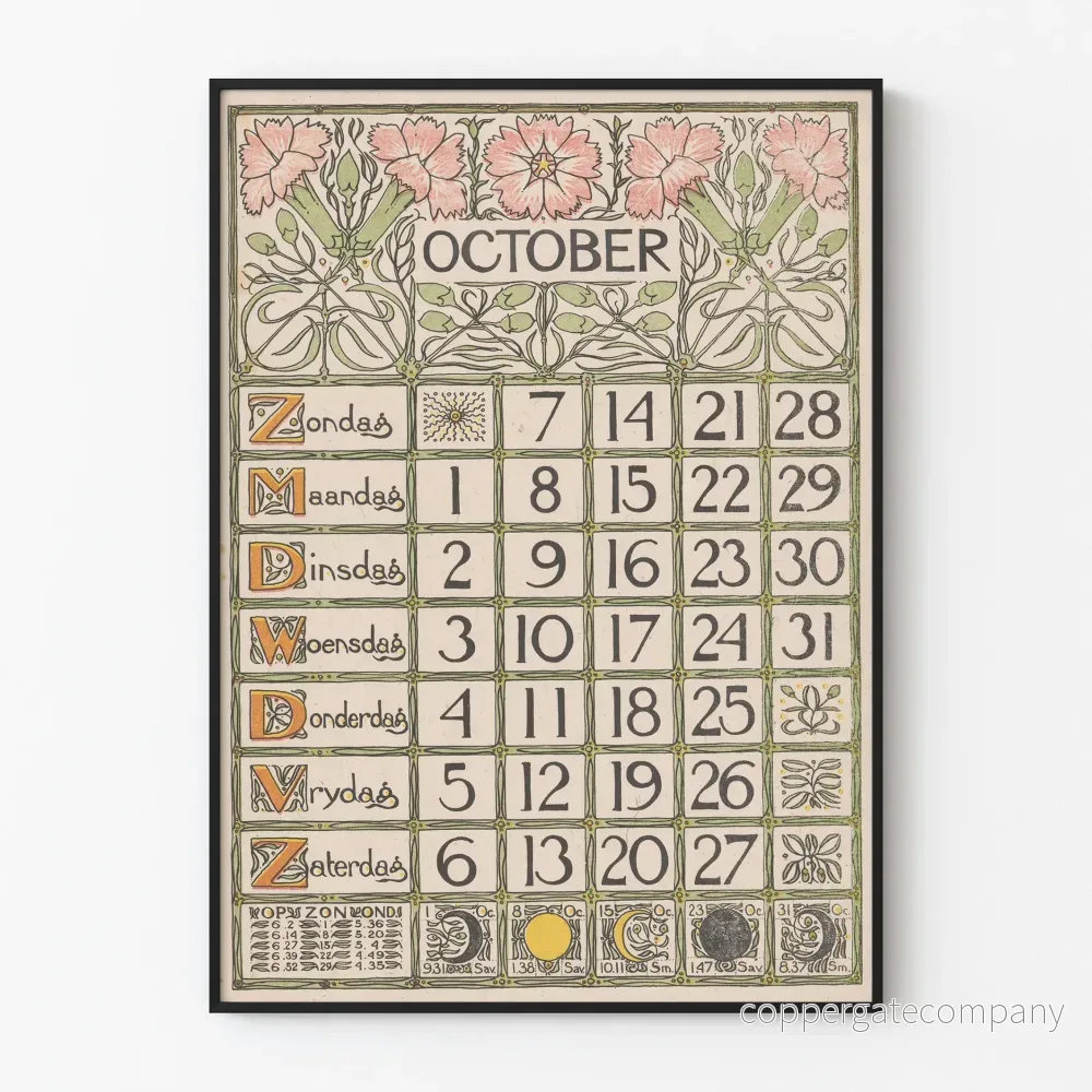 Vintage Art Nouveau Kalenderposter för oktober