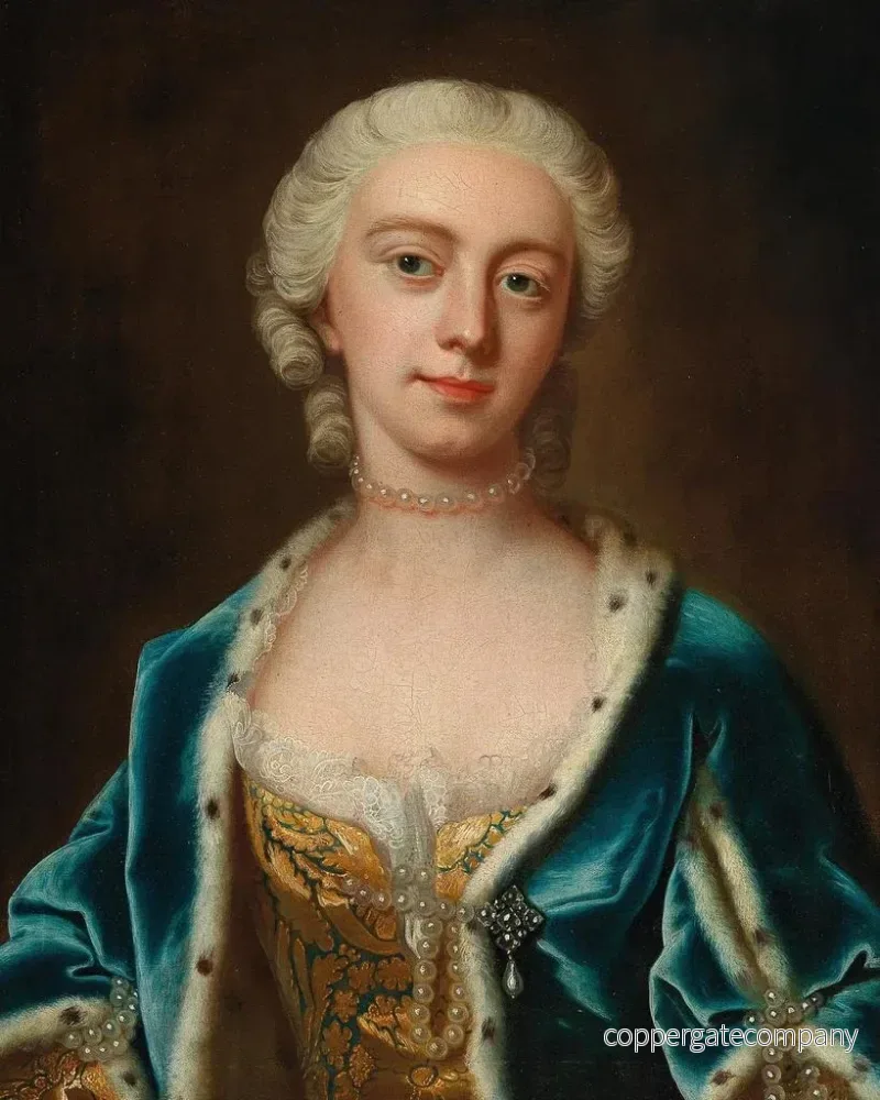 Målning av Augusta, Wales prinsessa, bärande pärlor och en blå cape fodrad med hermelin - Barthélemy du Pan | Konsttryck - Bild 2