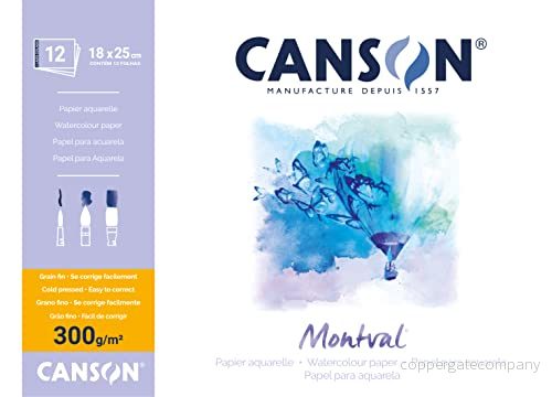 CANSON Montval, akvarellpapper, fin korn, 300 gsm, 140 lb, limmade block liten sida, 18 x 25 cm, vit, 12 ark 7896931800368