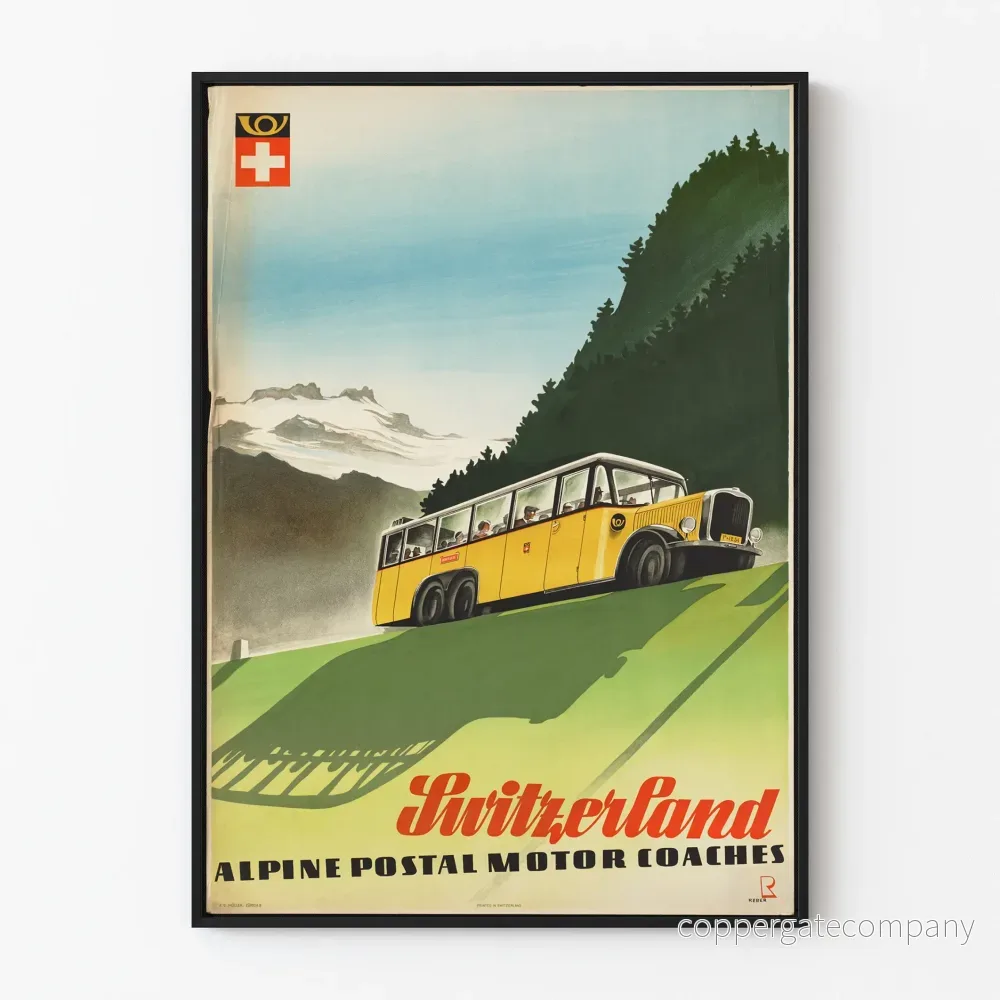 Vintageposter för schweiziska postbussar i Alperna