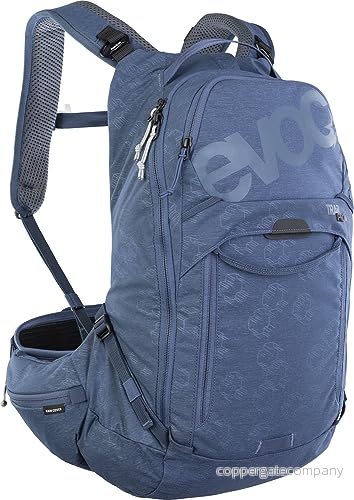 EVOC TRAIL PRO 16l ryggsäck med ryggskydd för dagsturer och stigcykling, cykelryggsäck (ryggsäck LITESHIELD PLUS ryggskydd, extra lätt, 3l fack vätskeblåsa, storlek: L/XL), Denim 4250450730446