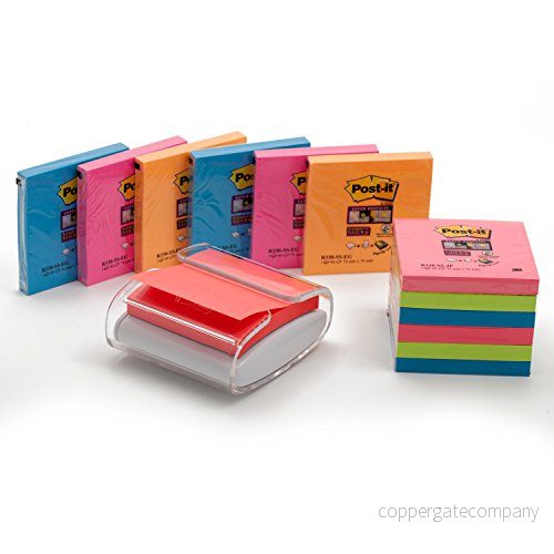 Post it Dispenser för skrivbordet i vit/transparent Super Sticky Z Notes, praktisk hjälpare kontor och skolarbete med 12 extra klisterblock 4891203054398