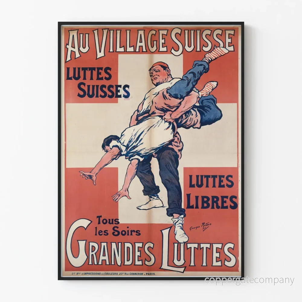 Vintageposter av schweiziska strider i den schweiziska byn - Retro väggdekoration