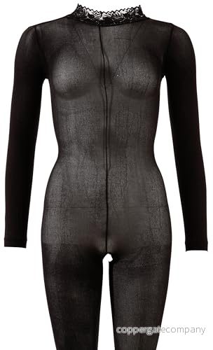 Mandy Mystery Lingerie Catsuit ouvert förförisk overall för dig, hudvänlig långärmad helkroppsdel med öppet steg, svart 4024144230044