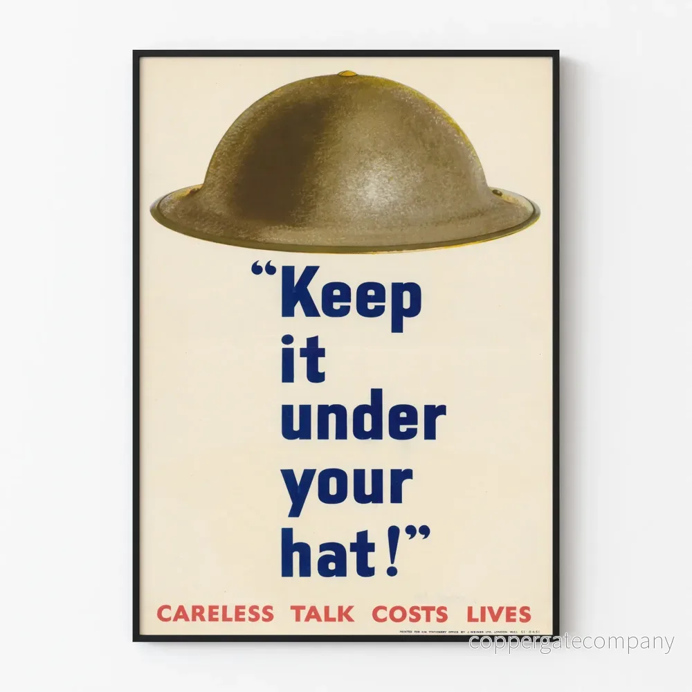 Vintagemuralposter med militärhjälm Keep It Under Your Hat