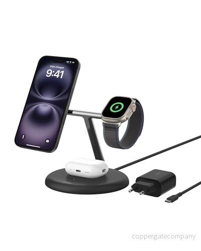 Belkin 3 i 1 trådlöst laddningsställ med magnetisk MagSafe kompatibel Qi2 15 W, Trådlös snabbladdning av kompatibla iPhone 13, 14, och 16, AirPods, Apple Watch m.fl (nätadapter medföljer) Svart 745883868735