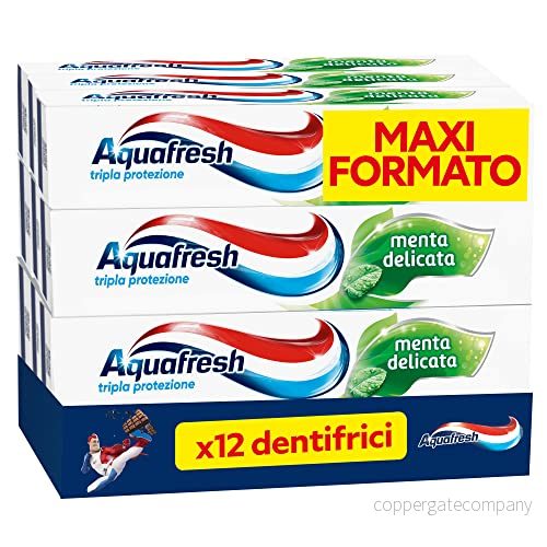 Aquafresh Trippelskydd, starka tänder, friskt tandkött, starkt nagellack, frisk andning, delikat mintsmak, 12 pack tandkräm x 75 ml 8016825673635