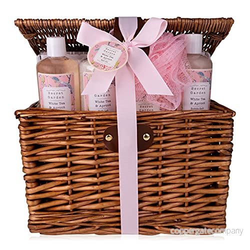 accentra presentförpackning SECRET GARDEN i picknickkorg, bad och duschförpackning med doft av vitt te aprikos, 6 delar vacker korg, 1,775 kg 4015953663383