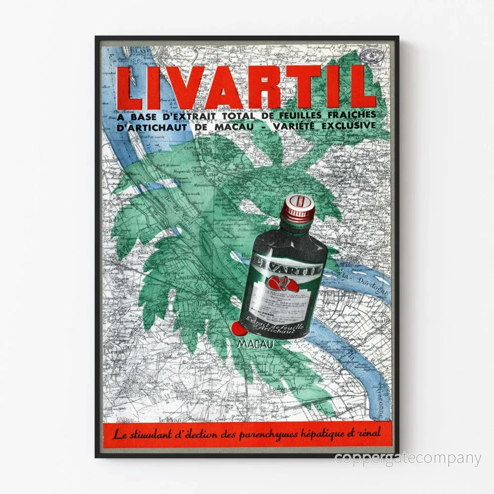 Vintageposter LIVARTIL – Väggdekoration med kronärtskocka och gammal karta