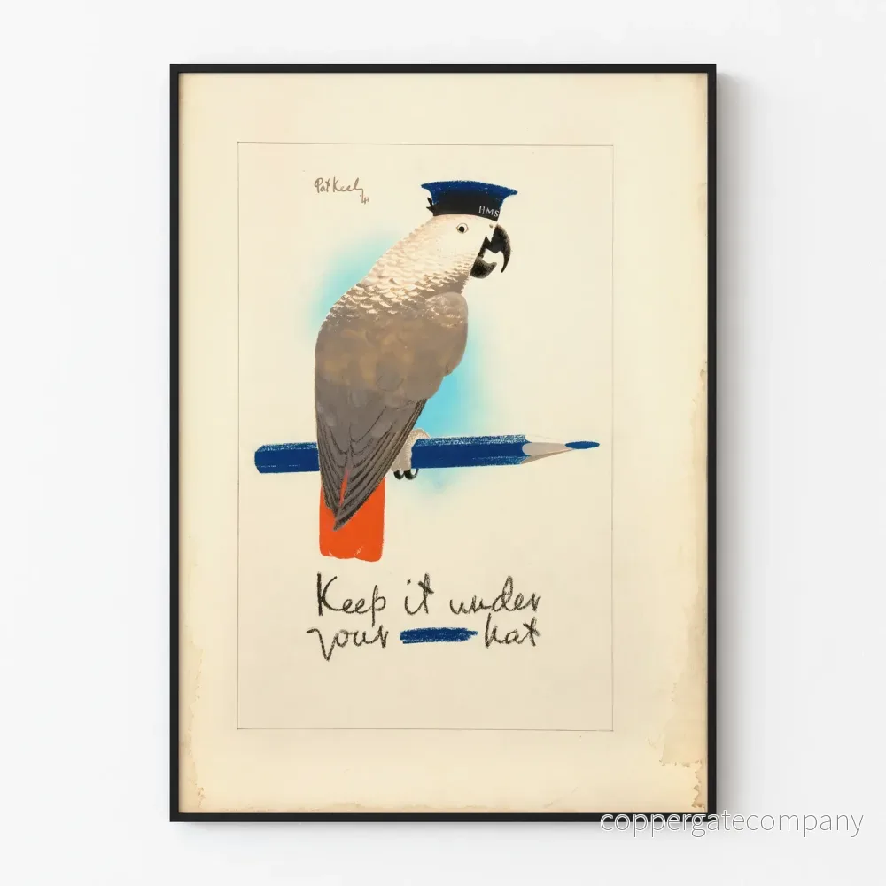 Vintageposter med papegojmönster och marin keps Keep It Under Your Hat