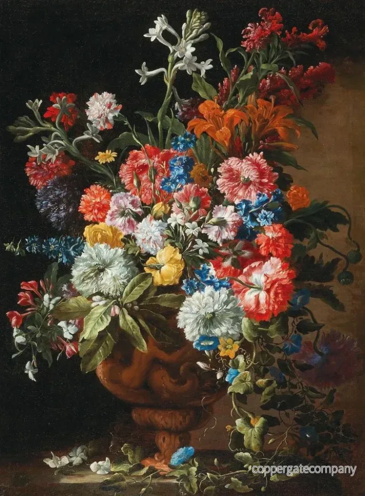 Målning av nejlikor, ljus, vallmo och andra blommor i en dekorativ lerkruka på en stenbänk - Abraham Brueghel | Konsttryck - Bild 2