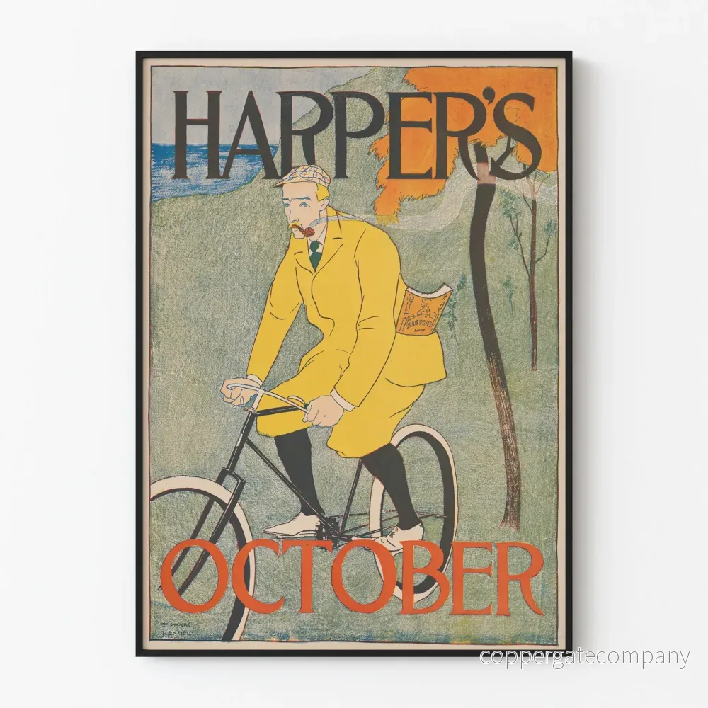 Vintageposter Harper's oktober - Retro cyklist väggdekoration