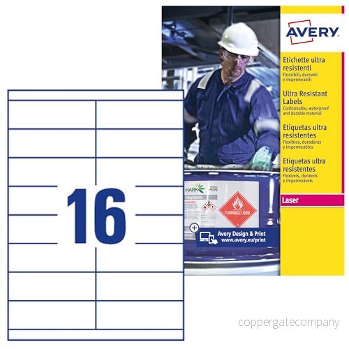 Avery B5274 50 (52 x 74,3 mm) extra starkt självhäftande, ultratunga industriella vattentäta GHS etiketter, 16 etiketter per A4 ark 5014702033636