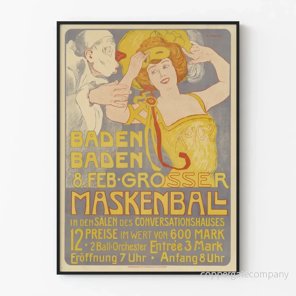 Vintageaffisch för Maskeradbalen i Baden-Baden 1902