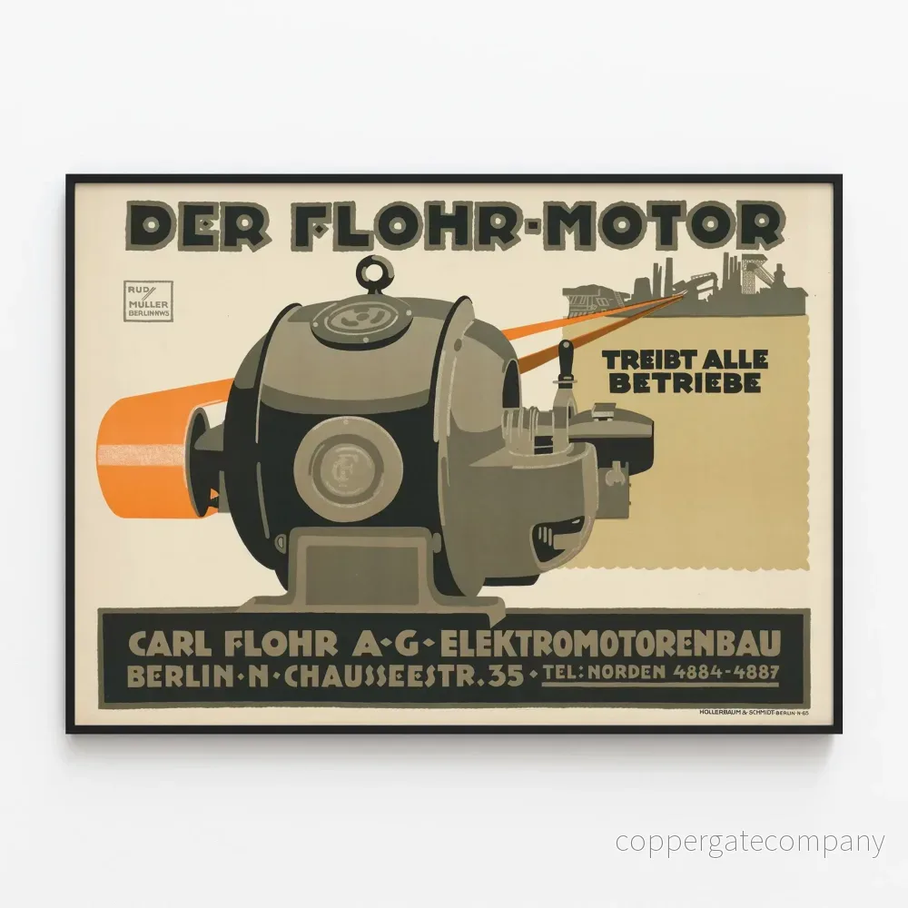 Vintage reklamposter för Flohr Berlin-motor