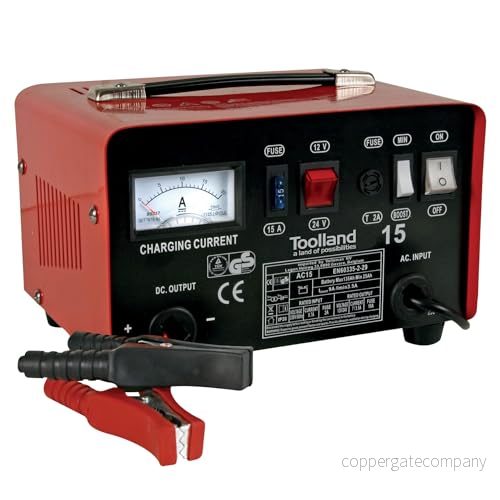 Toolland laddare för blybatterier 12/24 V, boost funktion 9 A, överladdningsskydd, amperemeter, säkring (utbytbar), bil, lastbil, motorcykel, liten båt, traktor, robust metallhölje, 5410329435240