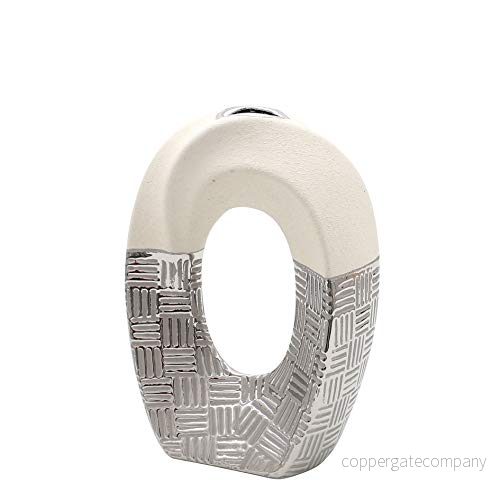Dekohelden24 Ädel modern dekorativ designer keramisk vas rund böjd med hål i silver grå vit, ca 16 x 8 23 cm 4250905174603