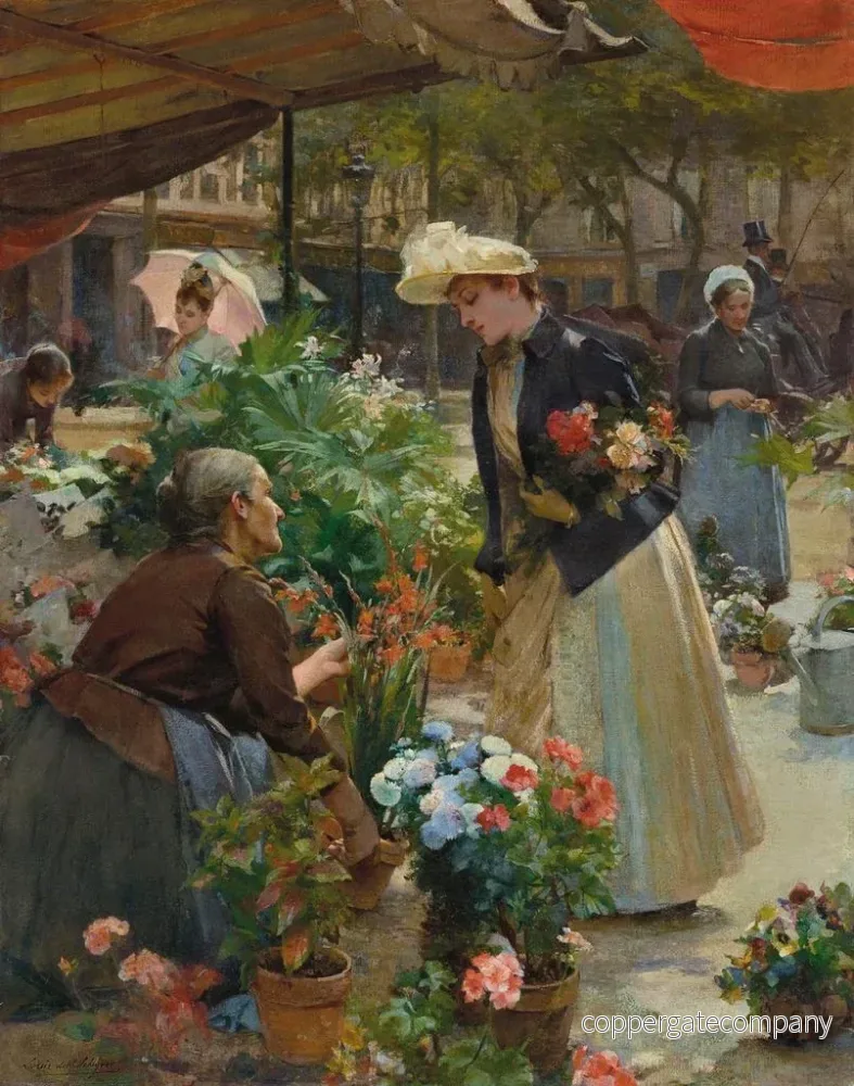 Målning Paris, blomstermarknaden på Île de la Cité - Louis Marie de Schryver - Bild 2