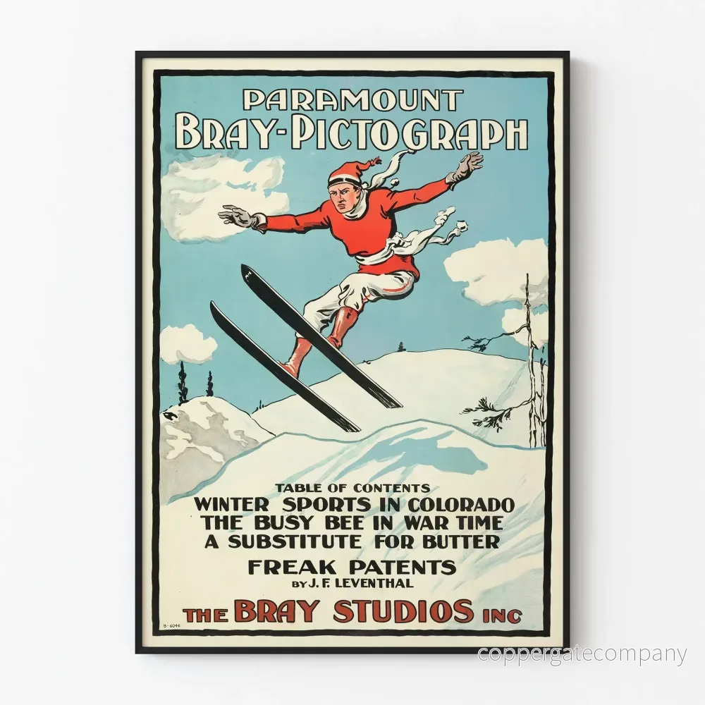 Vintageposter för skidåkning Paramount Bray-Pictograph 1920-talet