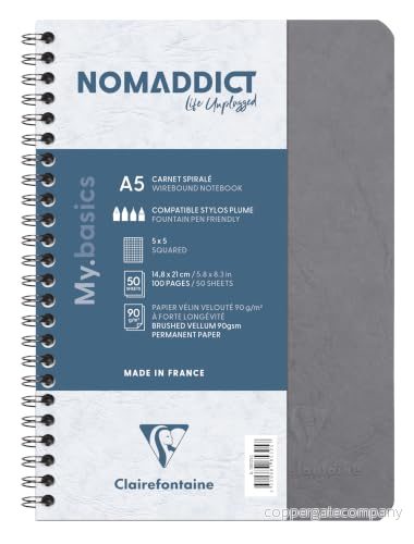 Clairefontaine 785325C Agebag spiralbok (DIN A5, 14,8 x 21 cm, 50 ark, rutig, dubbel spiralbindning, praktisk för resor, robust och belastbar) 1 st grå 3329687853257