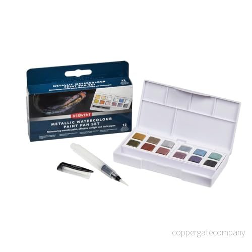 Derwent Metallic färgset, set med 12, halvpalett, vattenlöslig, lämplig för målning och hantverk, professionell kvalitet, resestorlek, 2306246 5028252641111