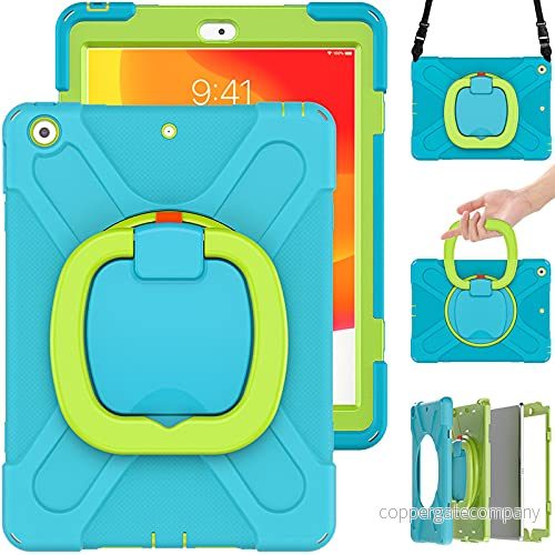 Commute Case för iPad mini4/5, tungt, stabilt, stötsäkert barnfodral med skärmskydd 3 i 1, stötsäker stötfångare 360 ringhållare, stativ, bärrem (ljusblå + grön) 755985021662