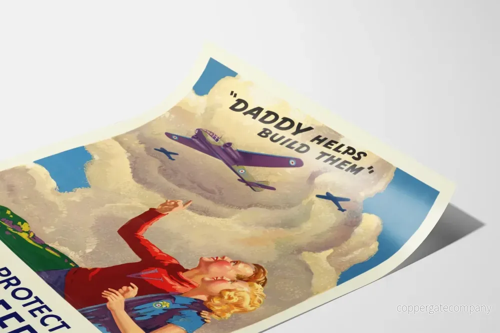Vintage patriotisk poster 'Daddy Helps Build Them' för att skydda friheten - Bild 3
