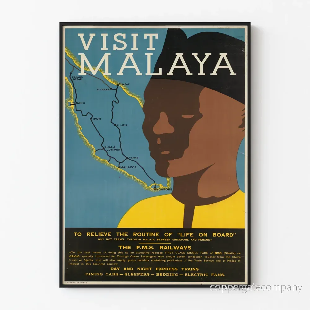 Vintageaffisch Visit Malaya - Karta och profil av man för väggdekoration