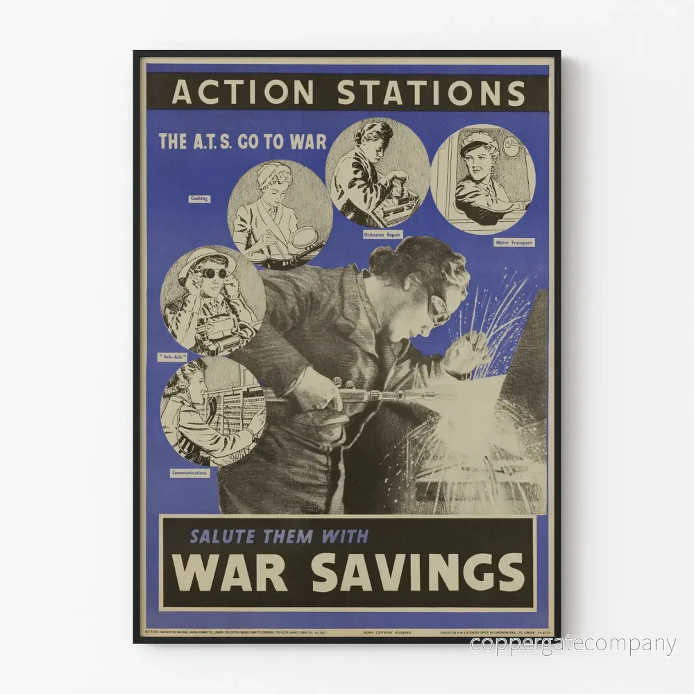 Vintageposter Action Stations - Krigsbesparingar