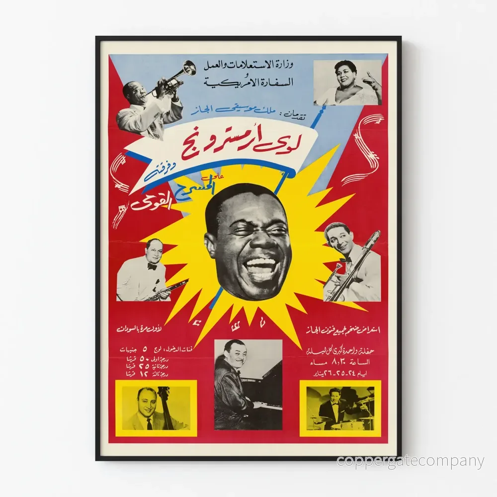 Vintageaffisch jazz Louis Armstrong och stora musiker