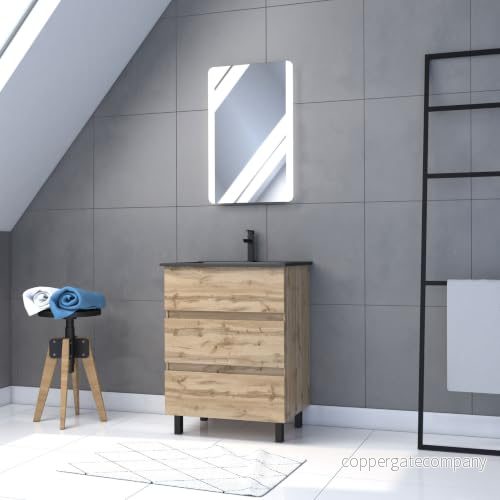 Aurlane badrumsset 60 x 80 - naturlig ek finish lådor + svart handfat LED-spegel Timber Pack 14 3700710250081