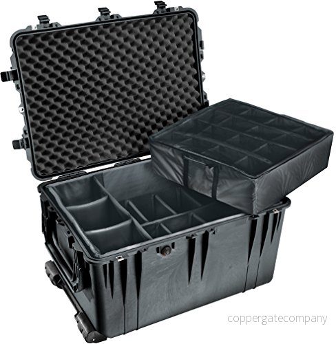 PELI 1660 stötsäker låda för kamera och filmutrustning, IP67 vatten dammtät, 160 liters kapacitet, tillverkad i Tyskland, med stoppade avdelare, svart 19428099633