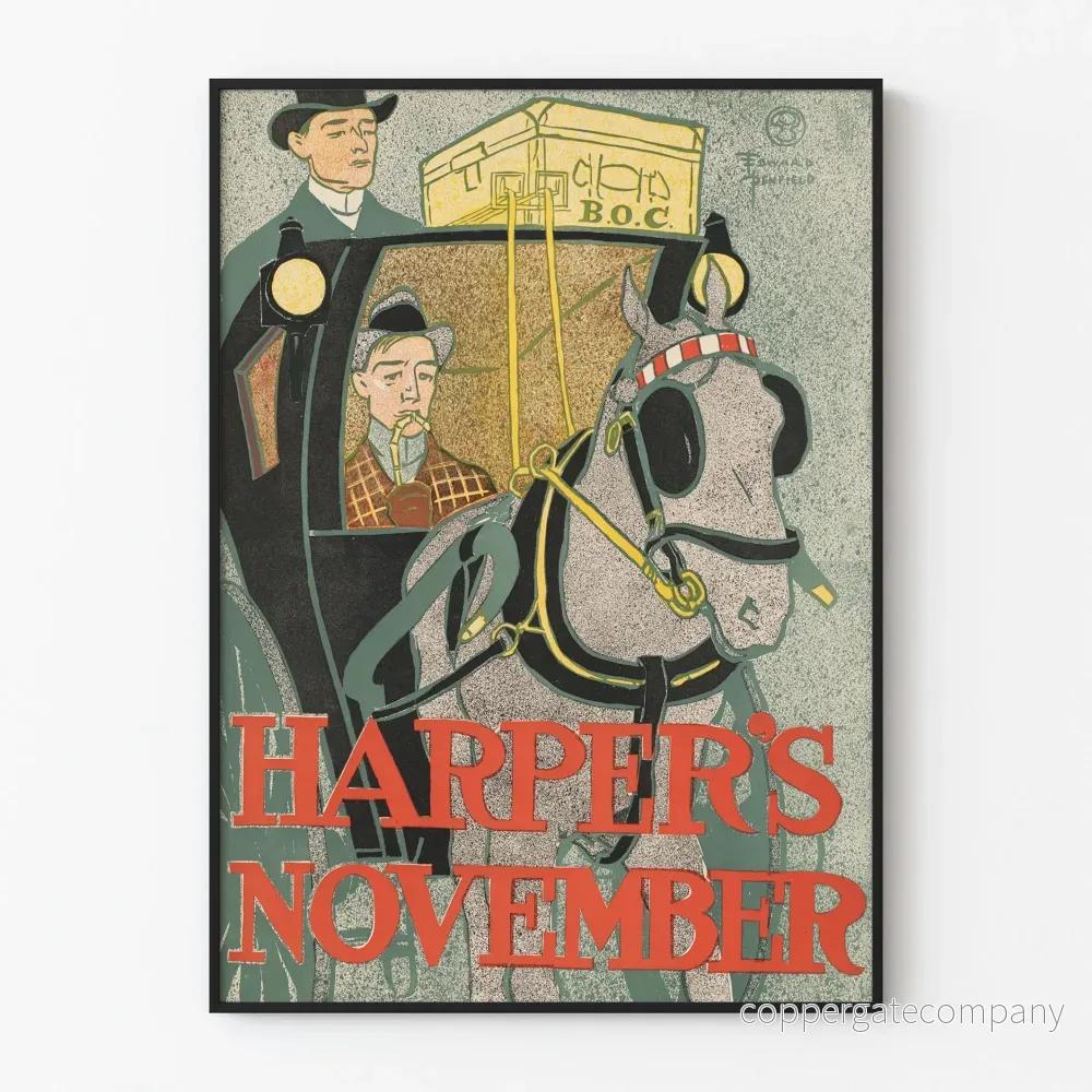 Vintageaffisch Harpers november med hästdragare och vagn