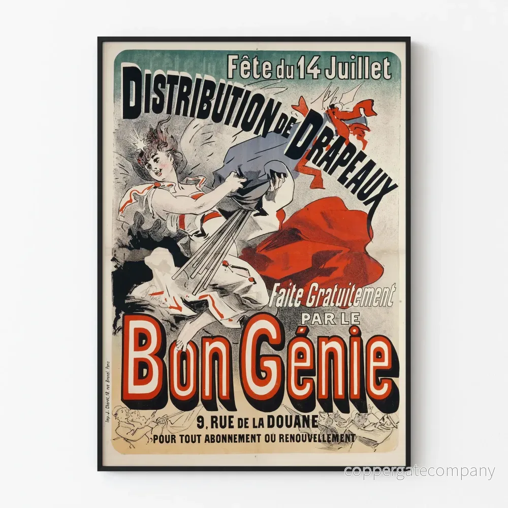 Vintageposter med flaggdistribution för 14 juli-festen, Gott Nytt År Vintageposter med flaggdistribution för 14 juli-festen, Gott Nytt År